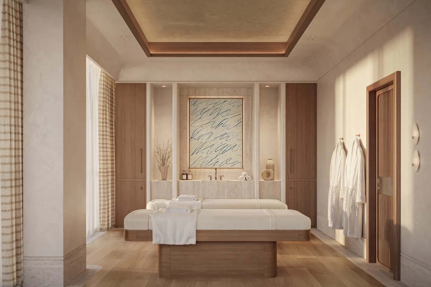 Spa treatment room with twin massage beds and wooden panelling
