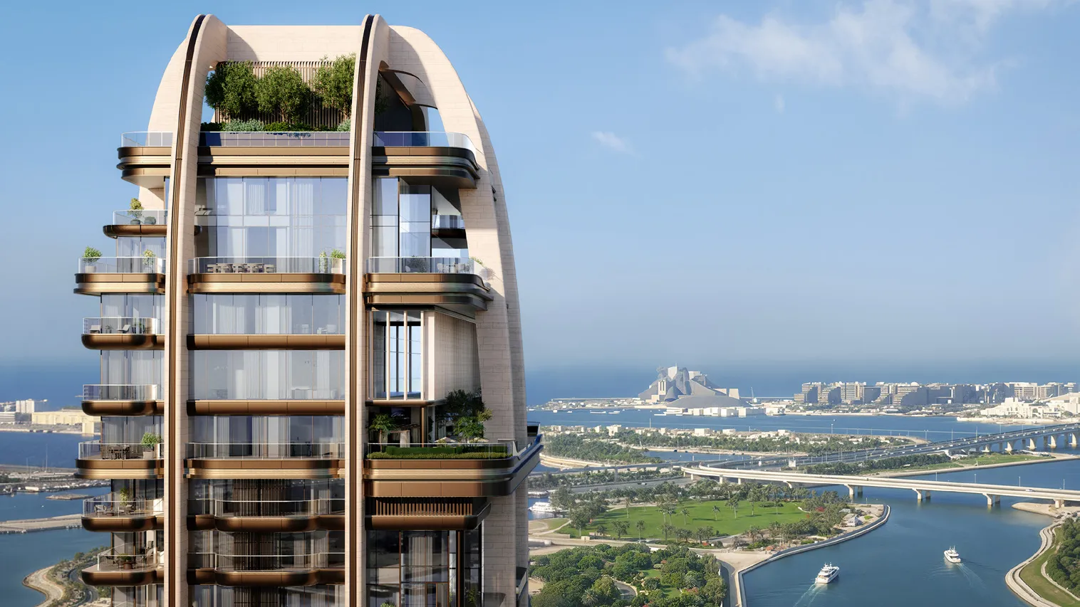 Crown of the tower with planted terraces above the island's waterfront